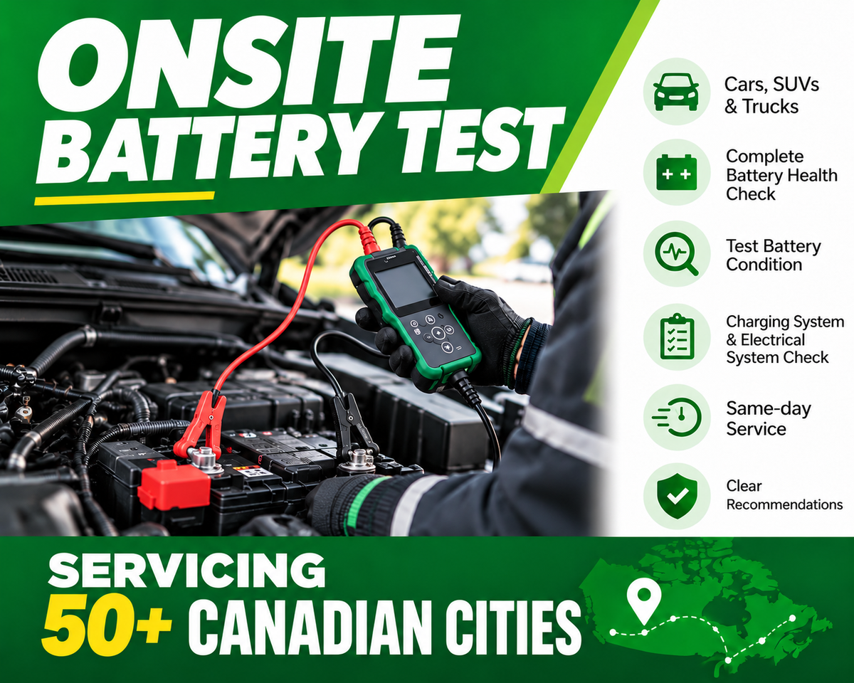 MobileBattery Onsite Battery Test in QCMTL — separate red and black tester leads; servicing 50+ Canadian cities