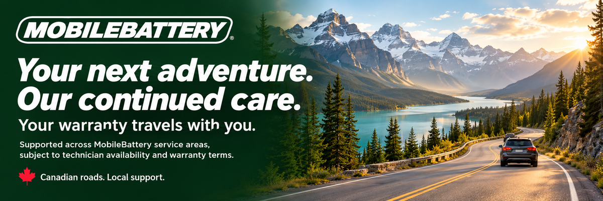 Your next adventure. Our continued care. Your warranty travels with you. Supported across MobileBattery service areas, subject to technician availability and warranty terms. Canadian roads. Local support.